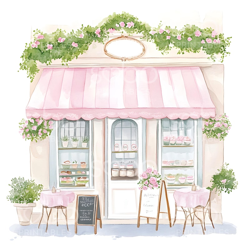 May include: A watercolor illustration of a pink and white striped awning over a storefront with a sign that reads "The Sweetest Place". The storefront has two windows displaying pastries and a door with a sign that reads "Welcome". There are two tables with pink tablecloths and chairs outside the store.