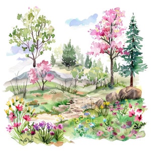 K&ouml;nnte beinhalten: Aquarellgem&auml;lde einer Waldszene mit einem gewundenen Pfad, rosa bl&uuml;henden B&auml;umen und einer Vielzahl von gr&uuml;nen B&auml;umen. Der Pfad ist mit bunten Wildblumen ges&auml;umt.