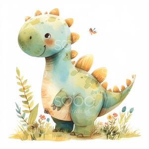 May include: A watercolor illustration of a green and blue dinosaur with orange spikes standing in a field of green and yellow grass with red and blue flowers. A small orange butterfly flies above the dinosaur.