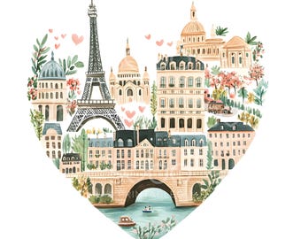 Könnte beinhalten: Aquarellillustration von Pariser Wahrzeichen, darunter der Eiffelturm, in Herzform. Das Kunstwerk zeigt Gebäude, Brücken, Boote und florale Akzente in sanften Pastellfarben. Rosa Herzen und Grünzeug tragen zum romantischen Thema bei.