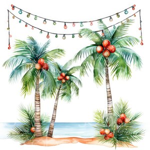 May include: Watercolor painting of three palm trees with red coconuts hanging from the branches. A string of colorful lights hangs above the trees.