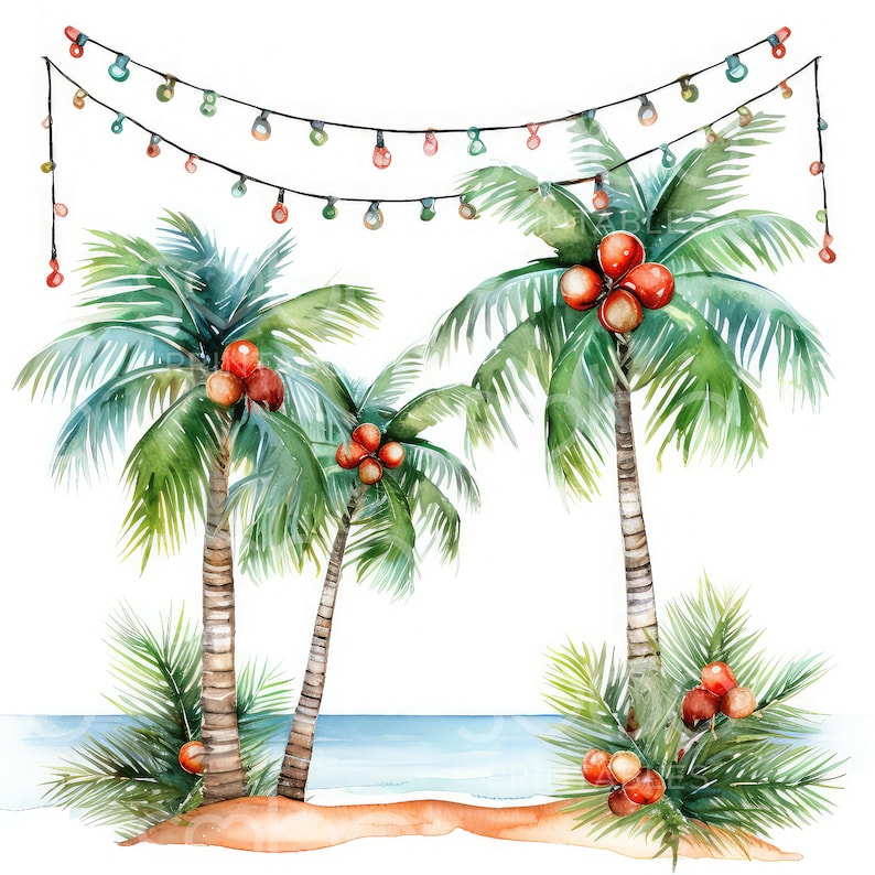 May include: Watercolor painting of three palm trees with red coconuts hanging from the branches. A string of colorful lights hangs above the trees.