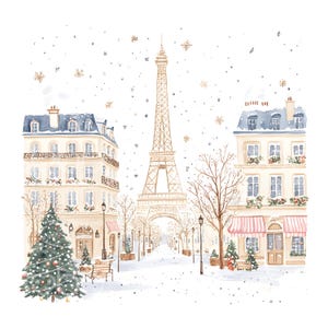 May include: A watercolor illustration of a snowy Parisian street scene with the Eiffel Tower in the background.  The street is lined with buildings, trees, and a Christmas tree.  The buildings are decorated with snow and have windows with lights inside.  The trees are covered in snow and have bare branches.  The Christmas tree is decorated with ornaments and lights.