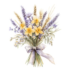 May include: A watercolor painting of a bouquet of yellow daffodils, purple lavender, and wheat stalks tied together with a light purple ribbon.