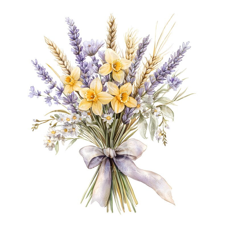 May include: A watercolor painting of a bouquet of yellow daffodils, purple lavender, and wheat stalks tied together with a light purple ribbon.