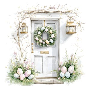 May include: Watercolor illustration of a white door decorated for Easter. A wreath of greenery and speckled eggs hangs on the door. Decorative lanterns and floral arrangements with eggs flank the door, creating a festive spring scene.