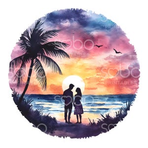 18 Sunset Couple Circle Clipart, Dia dos Namorados, Clipart de aquarela romântico para impressão, JPGs de alta qualidade, Download digital, Paper Craft S460