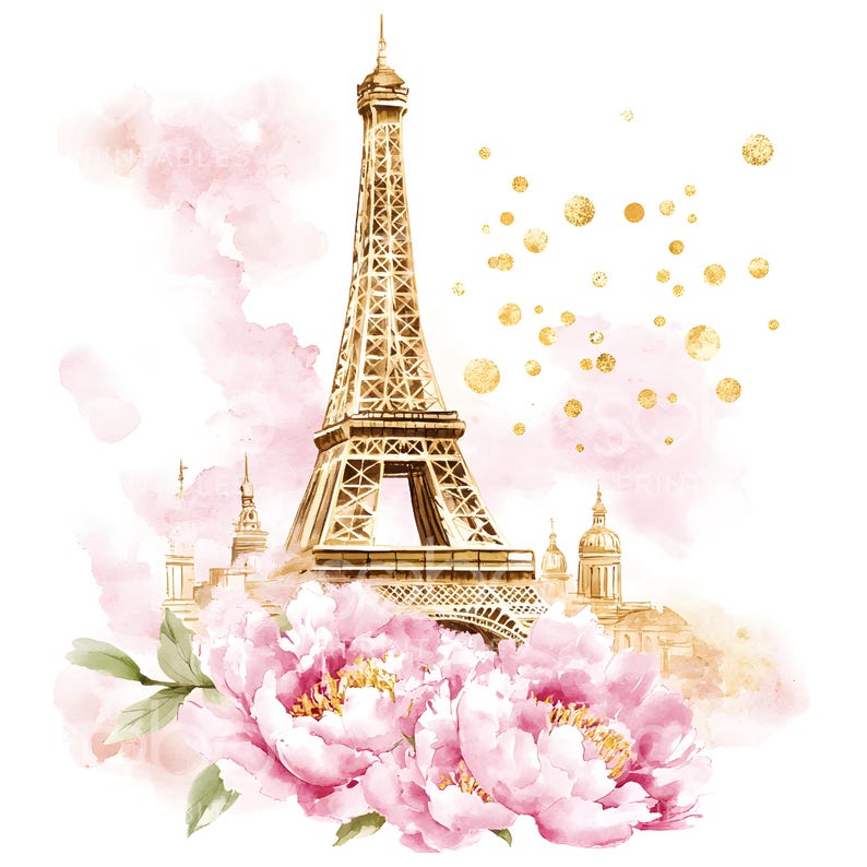 18 Gold Eiffel Tower Clipart, Floral Peonies, Parisian Wall Art