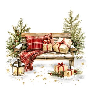 May include: Watercolor illustration of a wooden bench decorated for the holidays. A red plaid blanket and pillow rest on the bench, with wrapped gifts tied with red ribbons. A lit lantern and evergreen branches complete the festive scene.