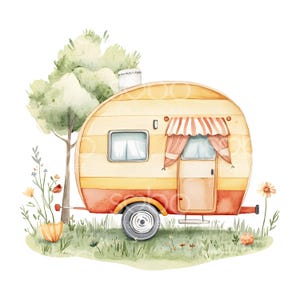 22 Cartoon Camper Trailer Clipart, Camping Trailer, Printable Watercolor Clipart, High Quality JPG, Digital Download, Junk Journal S421