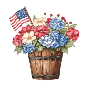 23 Patriotic Bucket Clipart, 4. Juli Blumen, druckbare Aquarell, hochwertige JPGs, digitaler Download, Papiermodelle, Junk Journal s839