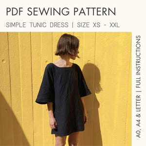 Vestido Túnica - Molde de Costura em PDF | Vestido Drift | Vestido Simples para Iniciantes | Caimento Solto, Pulôver, Mangas Largas | XS-XXL | Para A0, A4 e Carta