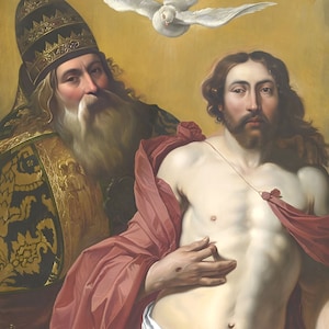 May include: A painting depicting a religious scene with two figures. A man with a long white beard and a crown is standing next to a younger man with a bare chest and a red robe. A white dove is flying above them.