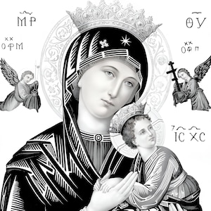 Może przedstawiać: Czarno-biała ikona religijna przedstawiająca Matkę Boską z dzieckiem, oboje ukoronowani. Dwa anioły flankują centralne postacie. Tekst religijny widoczny jest w prawym górnym i dolnym rogu oraz w lewym górnym rogu.