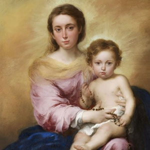 Unsere Liebe Frau vom Rosenkranz Vintage Malerei druckbare Kunst, Madonna mit Kind katholischen Instant Download