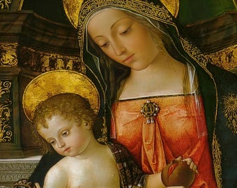玉座に座る聖母子のプリント | ビザンチン 13 世紀絵画、ヴィンテージ