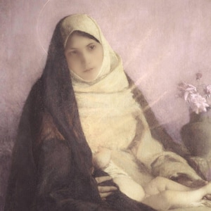 May include: A classical painting depicts a woman in a white head covering and dark cloak, with a soft halo. She cradles a child, with a vase of flowers in the background. The color palette is muted, with soft pinks and creams.