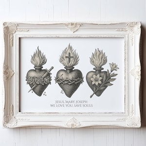 Op de afbeelding: Een ingelijst afdruk met drie zwart-wit illustraties van gestileerde harten met vlammen en doornen. De tekst onder de harten luidt "Jezus, Maria, Jozef We houden van je, red zielen."