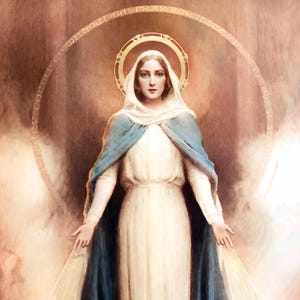 May include: A vintage-style portrait of a woman in a white gown and blue shawl, with a golden halo. The image has a soft, ethereal quality, with a warm color palette and subtle details.