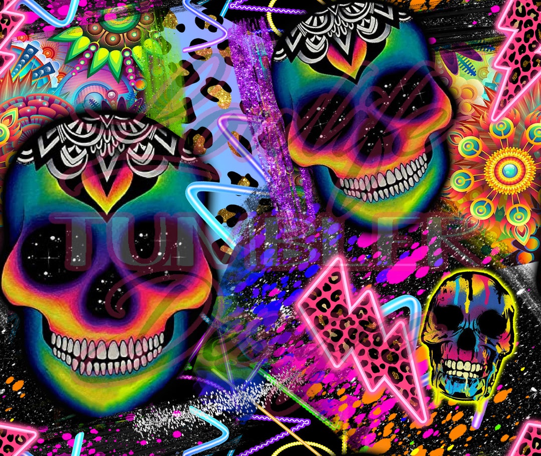 Neon Skulls Seamless Pattern, Neon Skull, Skull Clipart, Skull Svg