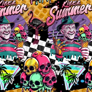 Può includere: Un motivo grafico colorato con Freddy Krueger della serie di film Nightmare on Elm Street che tiene un cono gelato con teschi. Lo sfondo include un motivo a scacchi, palme e il testo "Killer Summer".