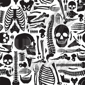 May include: A black and white seamless pattern featuring various human skeletal elements, including skulls, ribs, spines, and bones. The pattern is repeated throughout the image.