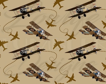 May include: A seamless pattern featuring vintage biplanes flying in a beige background. The planes are brown and have red and white markings. The pattern includes dashed lines that resemble flight paths.