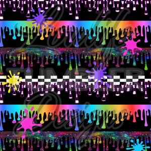 May include: A seamless pattern featuring colorful paint drips and splatters on a black background. The drips are iridescent and have a rainbow effect. The splatters are in various colors, including yellow, blue, pink, and purple. The background is a black and white checkered pattern.