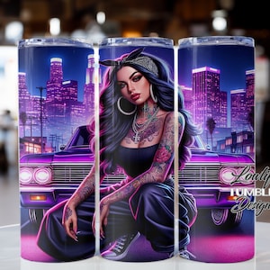Lowrider Girl Tumbler Wrap, lowrider tumbler wrap, chicana sublimation, impala, lowrider tumbler sublimation design, lowrider lady png, neon