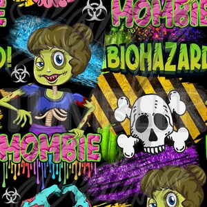 Peut inclure: Un motif sans couture noir et vert sur le thème des zombies. Le motif comprend un crâne et des os croisés, un cerveau, un symbole de risque biologique et une fille zombie à la peau verte et aux cheveux bruns. Le texte "Zombie" et "Biohazard" est également inclus dans le motif.