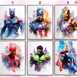 May include: A set of six superhero art prints. The prints showcase watercolour-style illustrations of Black Panther, Captain America, Iron Man, Spider-Man, Hulk, and Thor. Each print is framed in a black border on a white background.