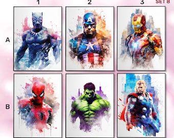 6 Superheroes Watercolour Wall Art Set • Marvel & DC Prints • Kids Bedroom Decor • Framed or Unframed