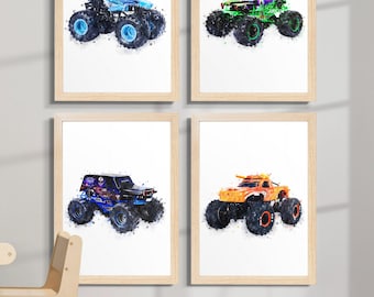 Hot Wheels Cars Monster Truck watercolour splash art design complete Set of 4