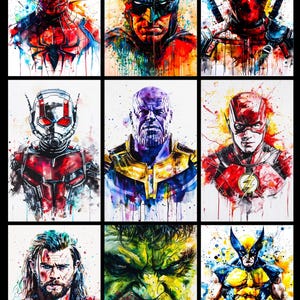 May include: A nine-panel artwork showcasing watercolour portraits of comic book superheroes. The characters include Spider-Man, Batman, Deadpool, Ant-Man, Thanos, The Flash, Thor, Hulk, and Wolverine. Each portrait is rendered in vibrant colours.