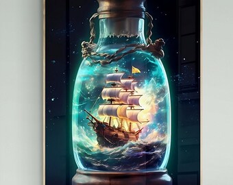 Piratenboot auf dem Ozean, Fantasy-Boot in der Flasche, Wellen auf dem Ozean, fantasievolles nautisches Ai-Bild, Midjourney 1200 DPI