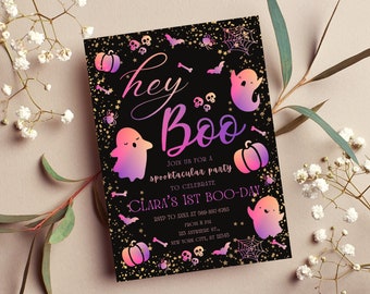 Halloween verjaardagsuitnodiging, verloop uitnodigen, Spooktacular Hey Boo, eerste verjaardag schattig meisje, bewerkbare sjabloon verjaardagsfeestje, maat 5x7