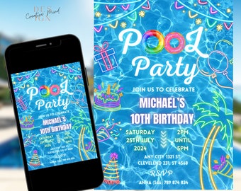 Pool-Geburtstagsfeier, Pool-Geburtstagseinladung, Sommer-Geburtstag einladen, bearbeitbare Pool-Vorlage, Pool-Party-Einladung, bearbeitbarer Sommer Neon