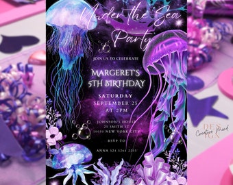 Invito di compleanno al neon sotto il mare Invito di compleanno per festa in piscina Invito di compleanno per festa di compleanno a forma di polpo Invito di compleanno fantasy Chiamata a tutti gli animali marini