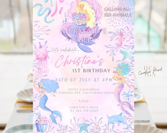 Meerjungfrau-Geburtstags-Party Einladung, unter dem Meer-Geburtstags-Einladung, Pastellfarben Meerjungfrau einladen, Aquarell unter dem Meer-Einladung