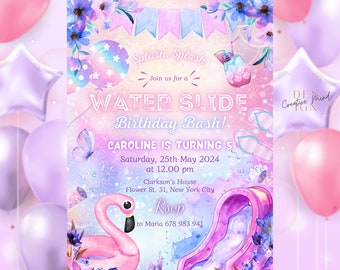 Wasserrutschen-Geburtstagsfeier, Pool-Geburtstagsparty, Splash-Geburtstagskarte, Wasserrutschen-Party, Sommer-Geburtstagseinladung, bearbeitbare Vorlage, Größe 5 x 7