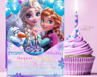 May include: Frozen themed birthday party invitation with a purple background and a picture of Elsa and Anna from the movie Frozen. The invitation includes the text "Frozen Celebration Margaret is turning 5! Saturday December 25 from 2 to 4 pm Margaret's House 25 Flowers Ave California 10056 RSVP to Margaret's mum at 321 256 2142"