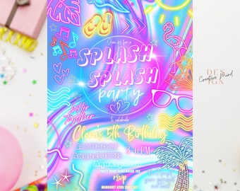 Sommer-Neon-Geburtstagsfeier-Einladung Glow Neon Sommer-Wasserrutsche Party Splash Einladung Wasserpark-Geburtstagsfeier-bearbeitbare Vorlage