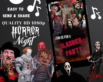 Halloween Night Einladung, Horrorfilm Nacht, Slasher Party, Halloween Movie Night, Horror Charaktere Slasher Night, Slasher Horror Night