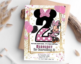 Minnie Maus Geburtstagseinladung, Micky Maus Geburtstagseinladung, rosa Minnie Maus 2.Geburtstag, zweiter Geburtstag, bearbeitbare Vorlage 5x7