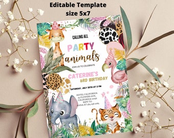 Wilde Party-Geburtstags-Einladung, Zoo-Party, Dschungel-Geburtstag, Pastellfarben-Design, druckbare Einladung, bunte Einladung, Größe 13x18
