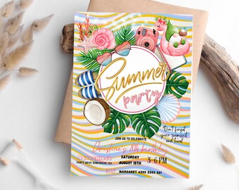 Sommer-Party-Geburtstags-Einladung, Pool-Party-Einladung, bunte Sommer-Party, Sommer-Geburtstag, bearbeitbare Vorlage, Graduierten-Sommer-Party