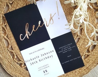 BLACK&WHITE Birthday Invitation CHEERS Simple Design Elegant Invitation for Woman and Man Any Birthday Editable Temaple Two Sites 5x7 size