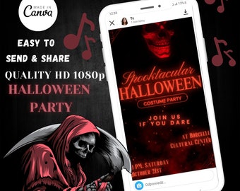 May include: A digital phone screen displaying a Halloween party invitation with a red skull graphic. The invitation reads "Spooktacular Halloween Costume Party" and "Join us if you dare". The invitation also includes the date, time, and location of the party.