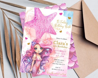 Meerjungfrau-Geburtstags-Party Einladung, Mädchen Blush Splash Pink Meerjungfrau Geburtstag Aquarell Meerjungfrau Geburtstagseinladung bearbeitbare Vorlage
