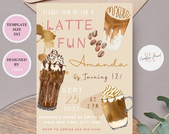 Invito di compleanno al caffè, invito di compleanno Latte FUN, colori neutri, invito per gli amanti del caffè, compleanno di caffè beige e marrone, misura 5x7